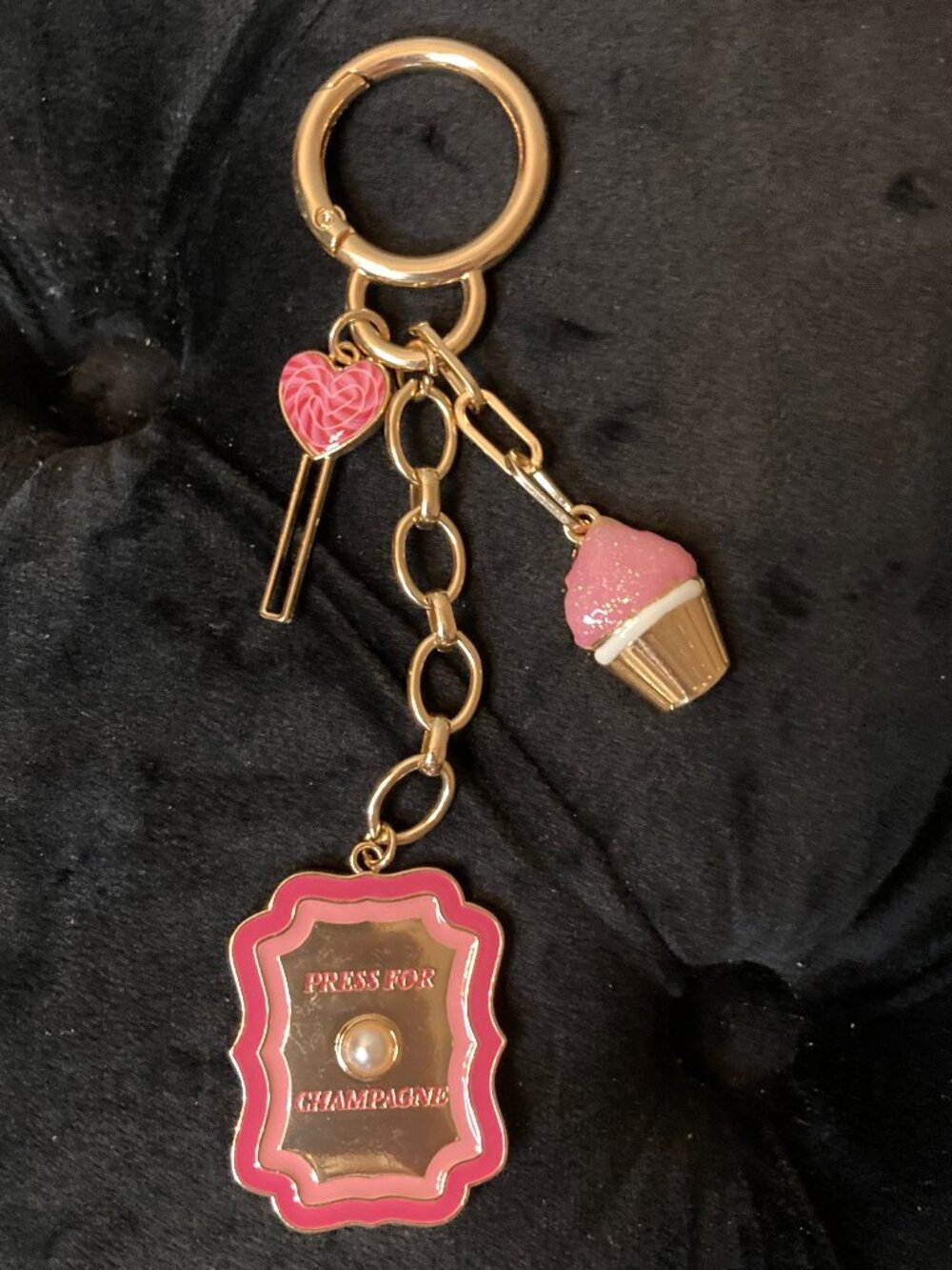A New Day Press For Champagne Cupcake Heart Bag Charm - Pink Enamel Gold Tone